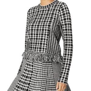 Milly Houndstooth Check Fringe Trim Sweater Black White size P XS